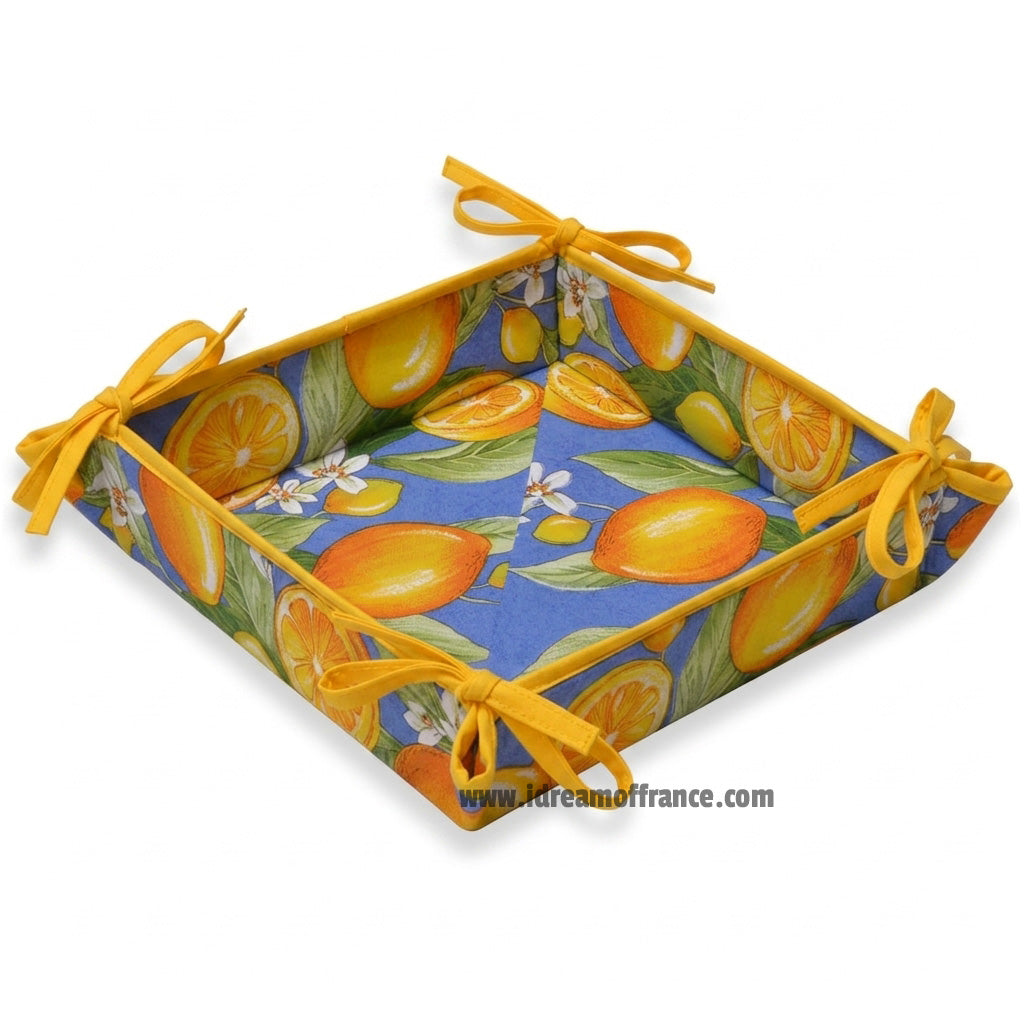 French bread basket - Acrylic-coated Cotton - Lemons blue | Tissus Toselli