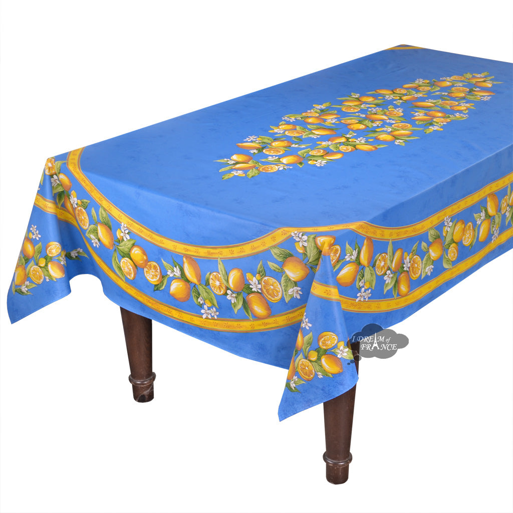60x96" Rectangular Lemons Blue Acrylic-Coated Cotton Tablecloth by Tissus Toselli