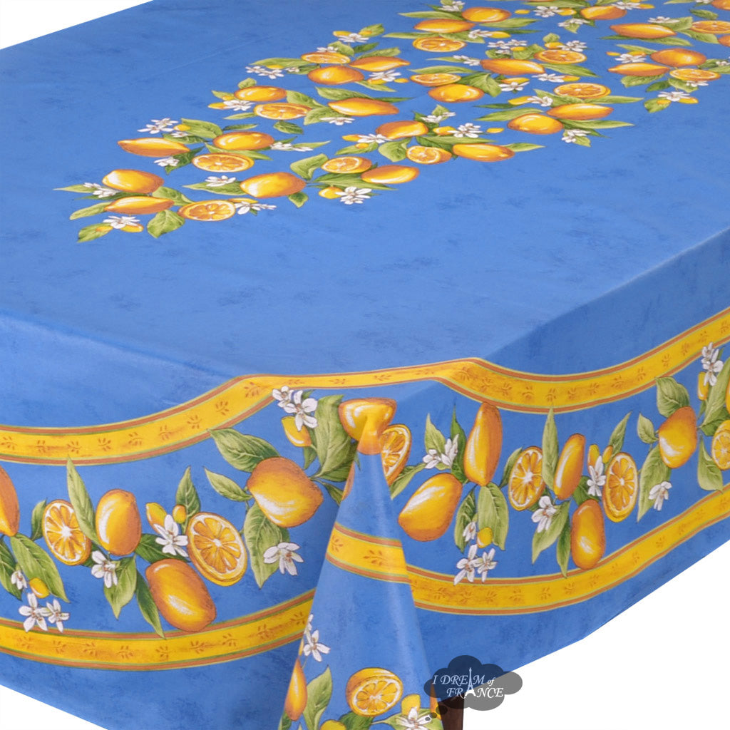 60x96" Rectangular Lemons Blue Acrylic-Coated Cotton Tablecloth by Tissus Toselli