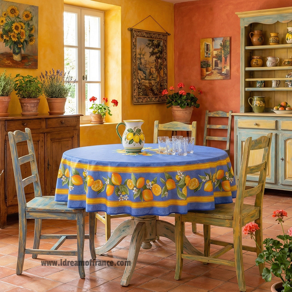 70" Round Lemons Blue Coated Cotton Tablecloth by Tissus Toselli