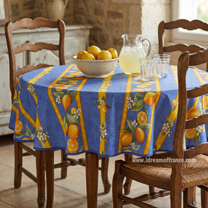 French Provencal tablecloth - Cotton, natural or acrylic-coated - 58" round - Lemon blue | Tissus Toselli - Lifestyle