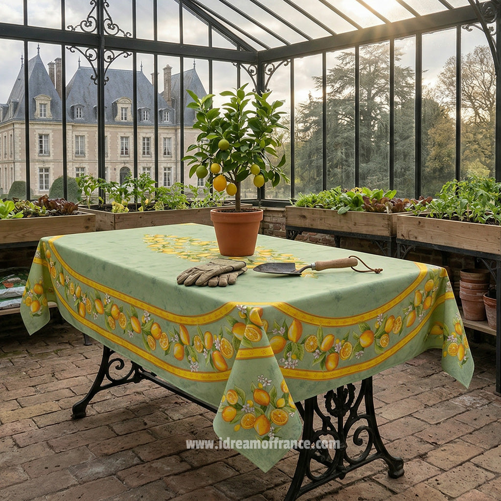 60x 96" Rectangular Lemons Green Coated Cotton Tablecloth by Tissus Toselli