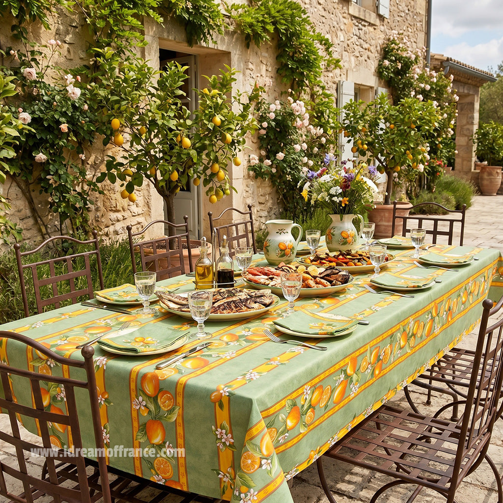 French Provencal tablecloth - Acrylic coated cotton, Spill-proof - Rectangular - Lemons green | Tissus Toselli