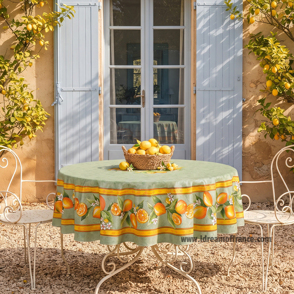 70" Round Lemons Green Coated Cotton Tablecloth by Tissus Toselli