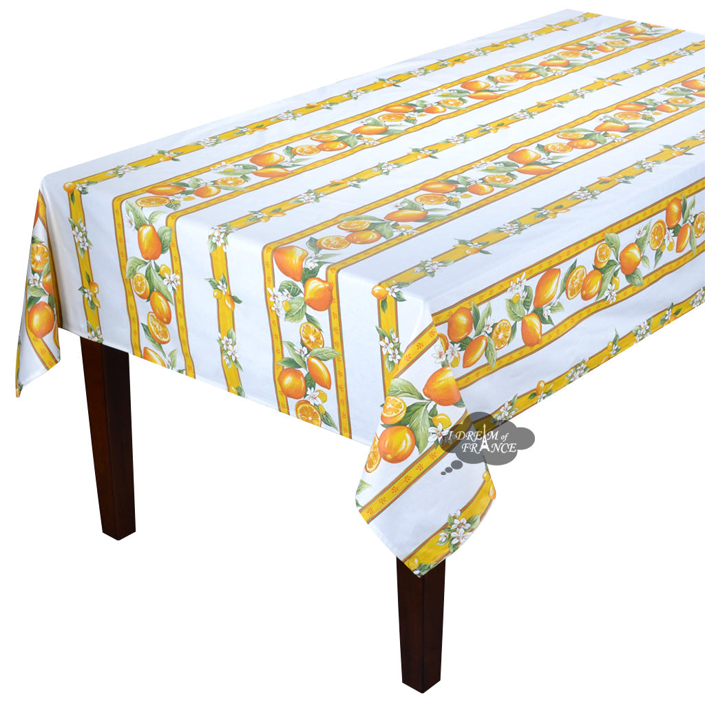 58" Square Lemons White Acrylic-Coated Cotton Tablecloth by Tissus Toselli