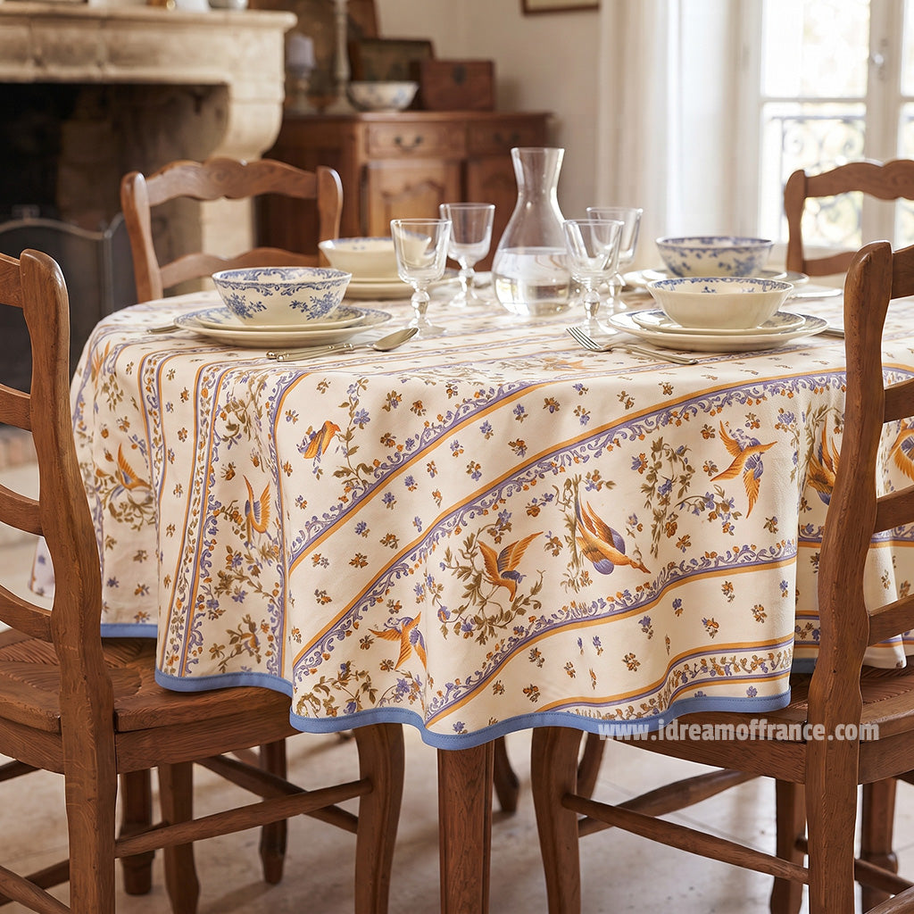 58" Round Moustiers Blue & Cream Coated Cotton Tablecloth by Tissus Toselli