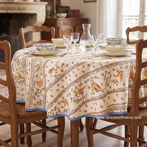 French Provencal tablecloth - Acrylic coated cotton, Spill-proof - 58" round - Moustiers blue | Tissus Toselli - Lifestyle