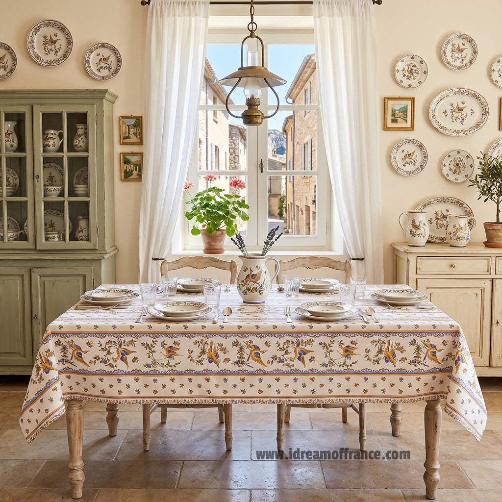 French Provencal tablecloth - Acrylic coated cotton, Spill-proof - Rectangular - Moustiers blue | Tissus Toselli