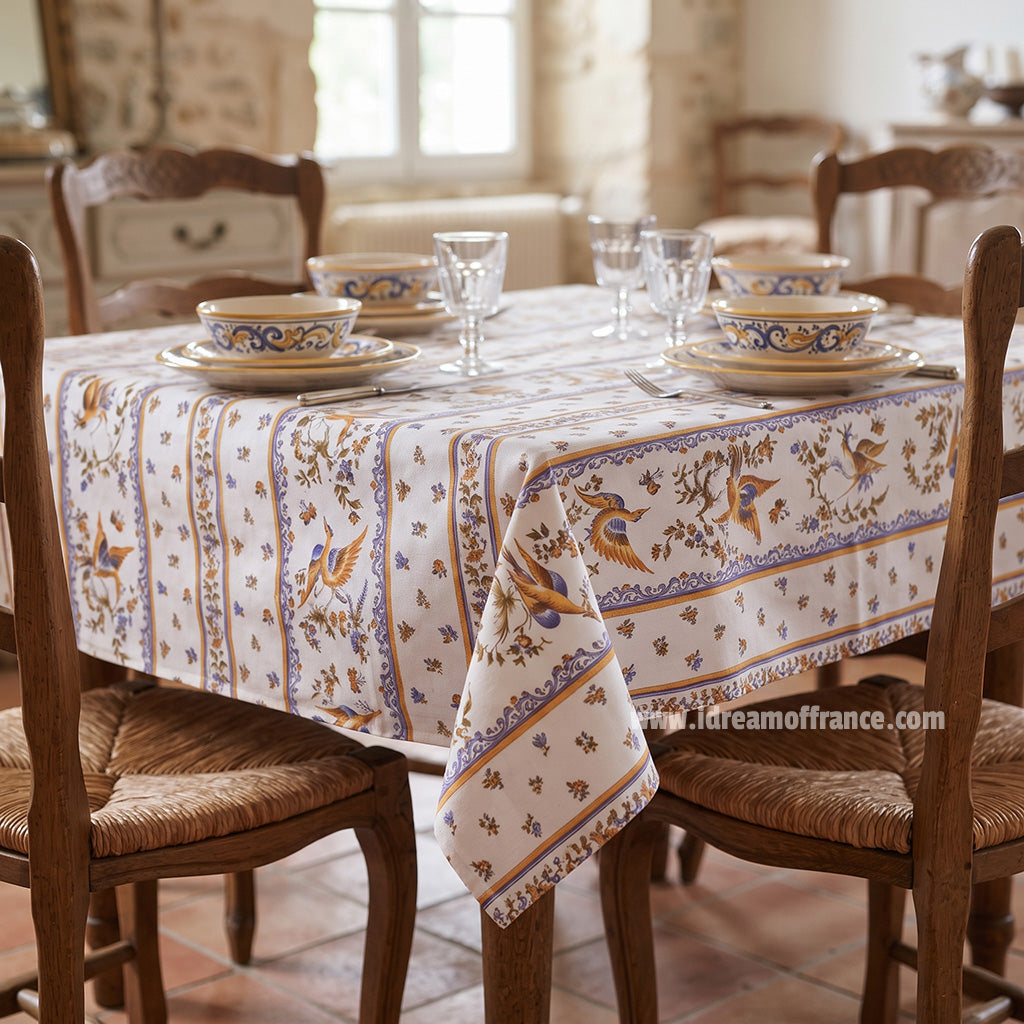 French Provencal tablecloth - Acrylic coated cotton, Spill-proof - 58" square - Moustiers blue | Tissus Toselli