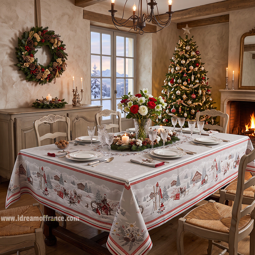 60x78" Rectangular Snow Trek Acrylic Coated Cotton Tablecloth by Tissus Toselli
