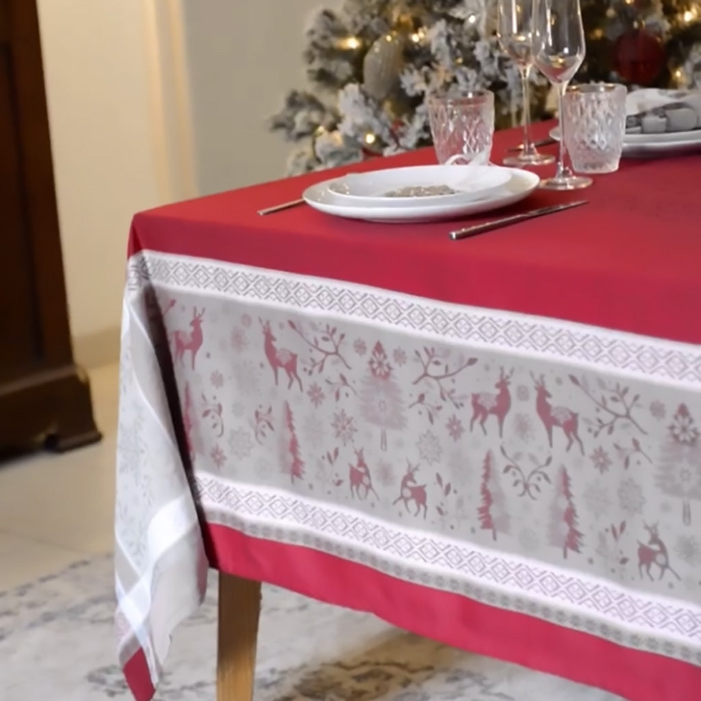 62x98" Rectangular Christmas Spirit Red French Jacquard Tablecloth by Marat d'Avignon
