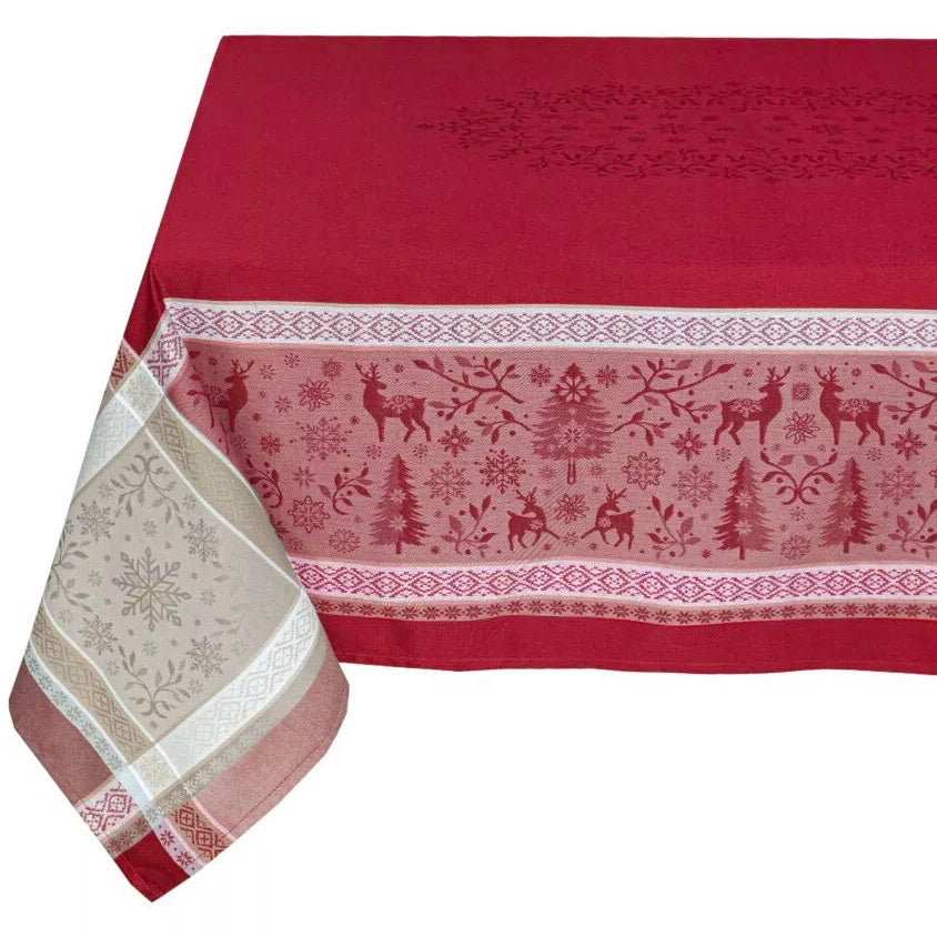 French Jacquard tablecloth - Cotton - Stain resistant - Rectangular - Christmas Spirit red | Tissus Toselli