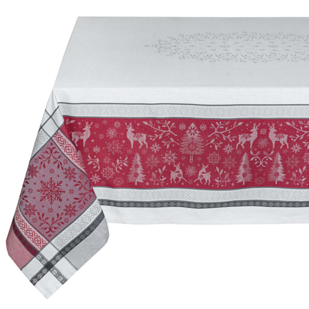 62x98" Rectangular Christmas Spirit Gray & Red French Jacquard Tablecloth by Tissus Toselli