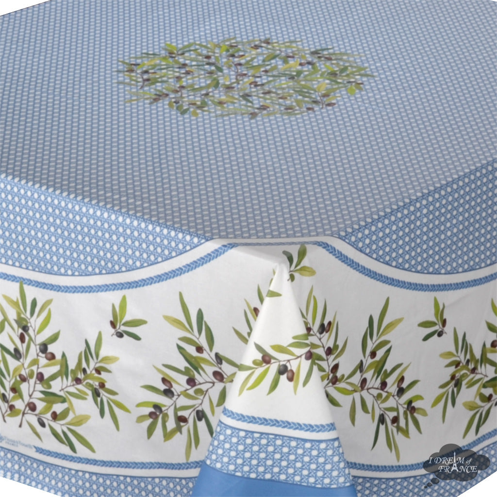 70" Square Nyons Blue Acrylic-Coated Cotton Tablecloth by Tissus Toselli