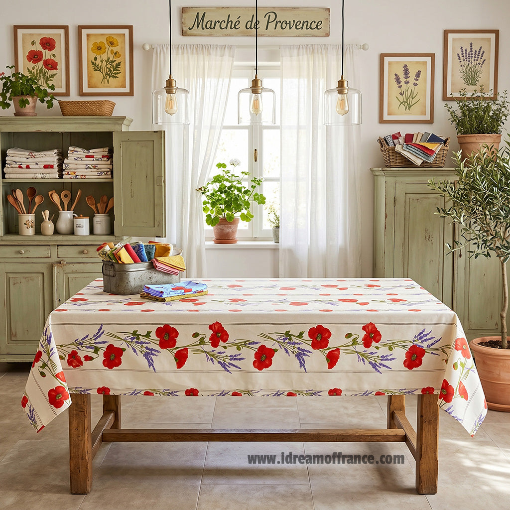French Provencal tablecloth - Acrylic coated cotton, Spill-proof - Rectangular - Poppies ivory | Tissus Toselli