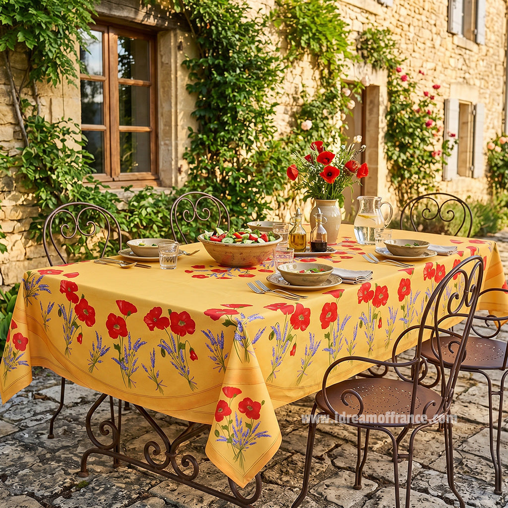 French Provencal tablecloth - Acrylic coated cotton, Spill-proof - 60x96" Rectangular - Poppies yellow | Tissus Toselli