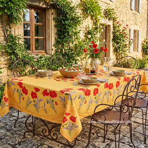 French Provencal tablecloth - Acrylic coated cotton, Spill-proof - 60x96" Rectangular - Poppies yellow | Tissus Toselli