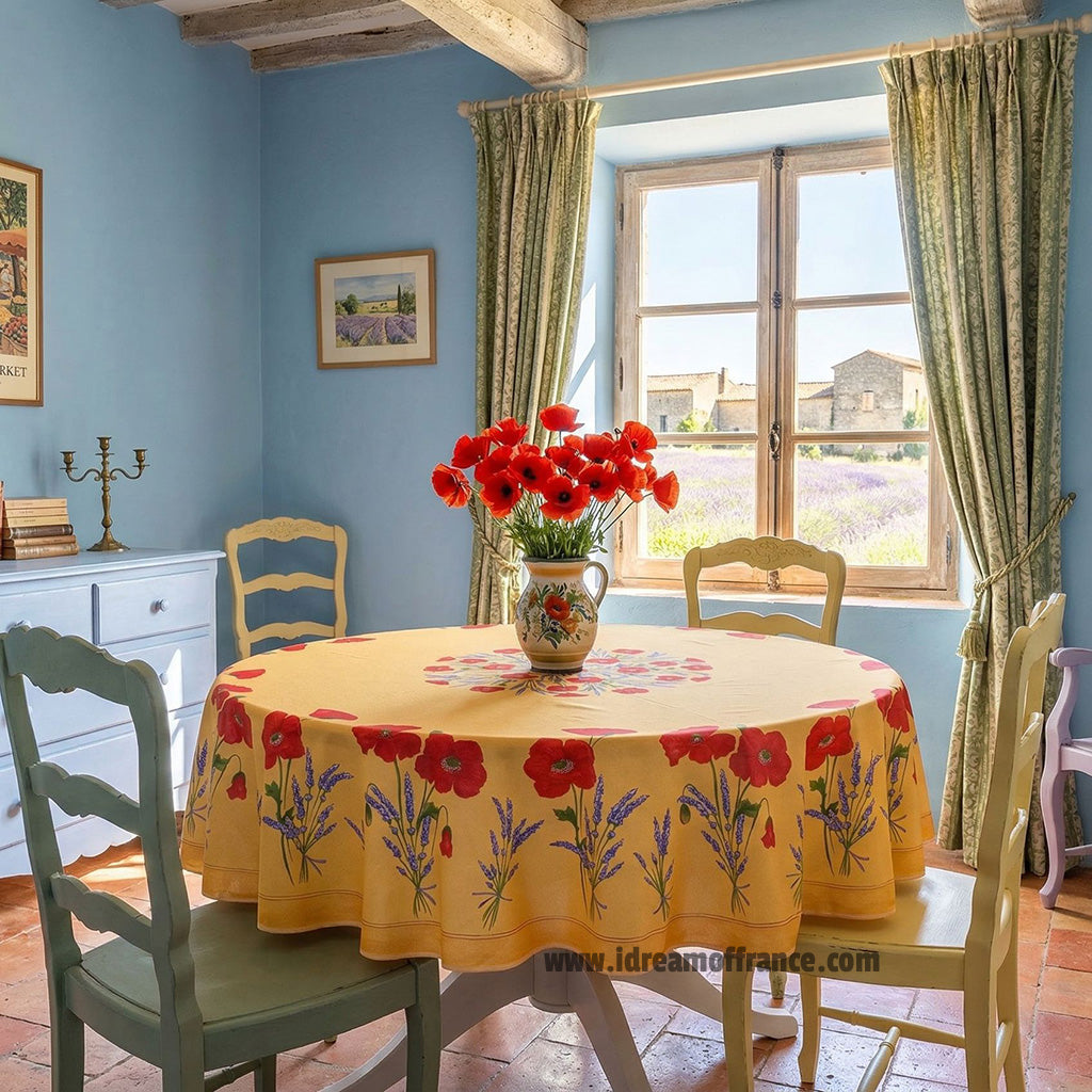 70" Round Poppies Yellow Acrylic Coated Cotton Tablecloth by Tissus Toselli