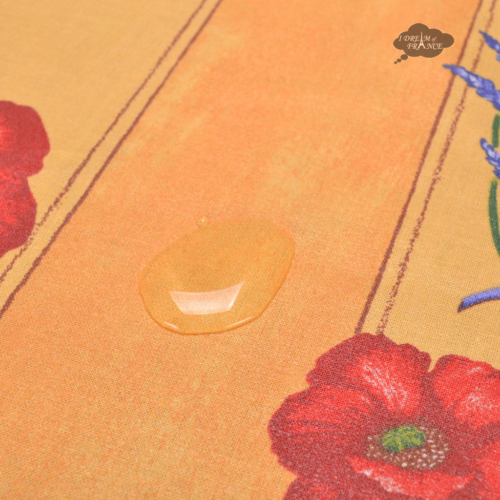 60x138" Rectangular Poppies Yellow Acrylic-Coated Cotton Tablecloth by Tissus Toselli