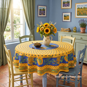 French Provencal tablecloth - Polyester - Stain-resistant - 70" round - Tournesol blue | Provence Imports - Lifestyle