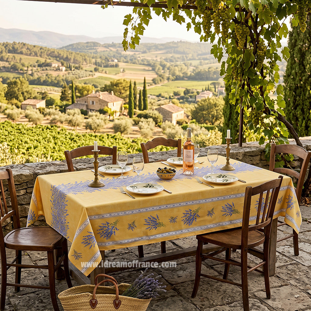 60x 96" Rectangular Valensole Yellow Double Border Acrylic-Coated Cotton Tablecloth by l'Ensoleillade