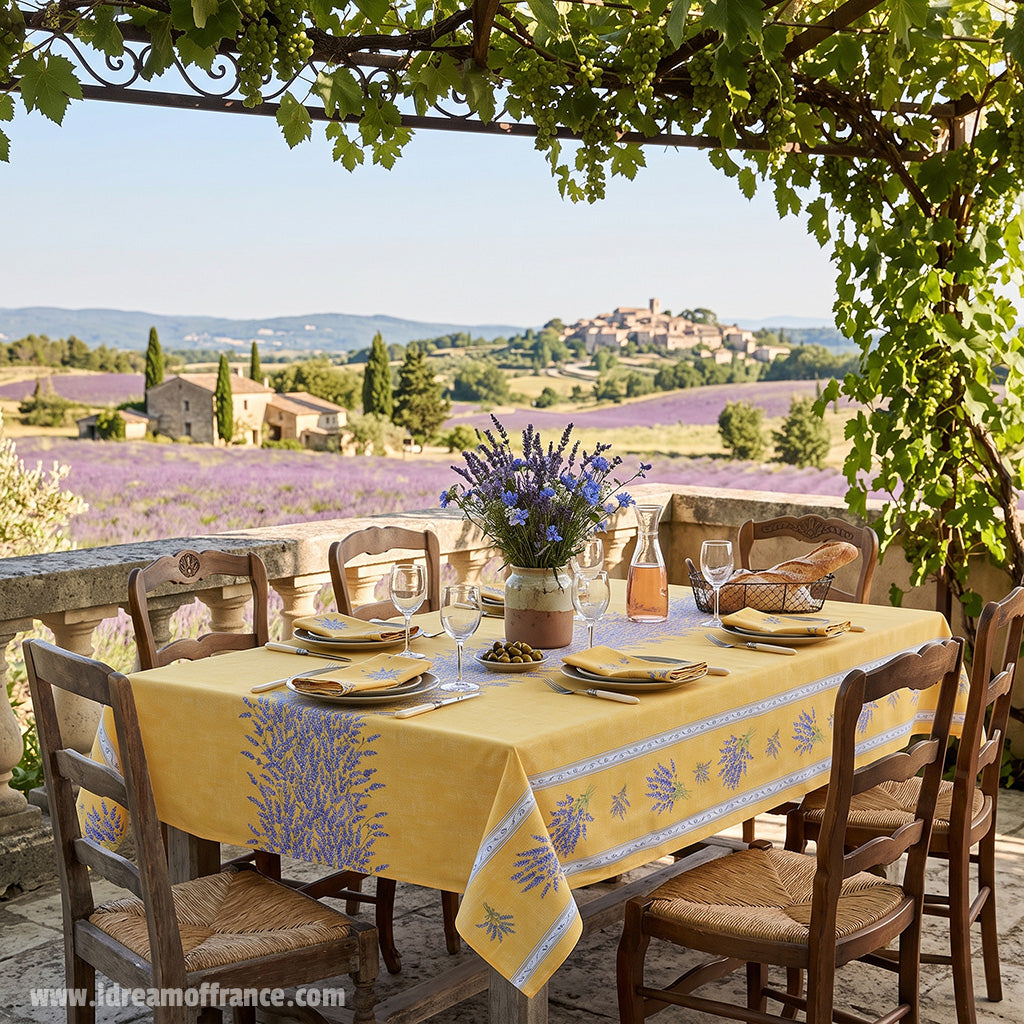 60x 96" Rectangular Valensole Yellow Double Border Acrylic-Coated Cotton Tablecloth by l'Ensoleillade