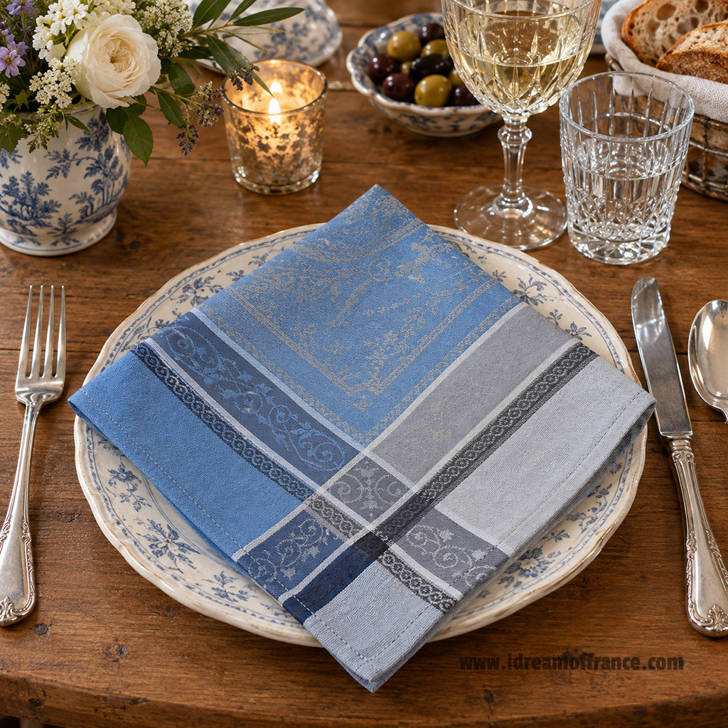Versailles Gray & Blue French Cotton Jacquard Napkin