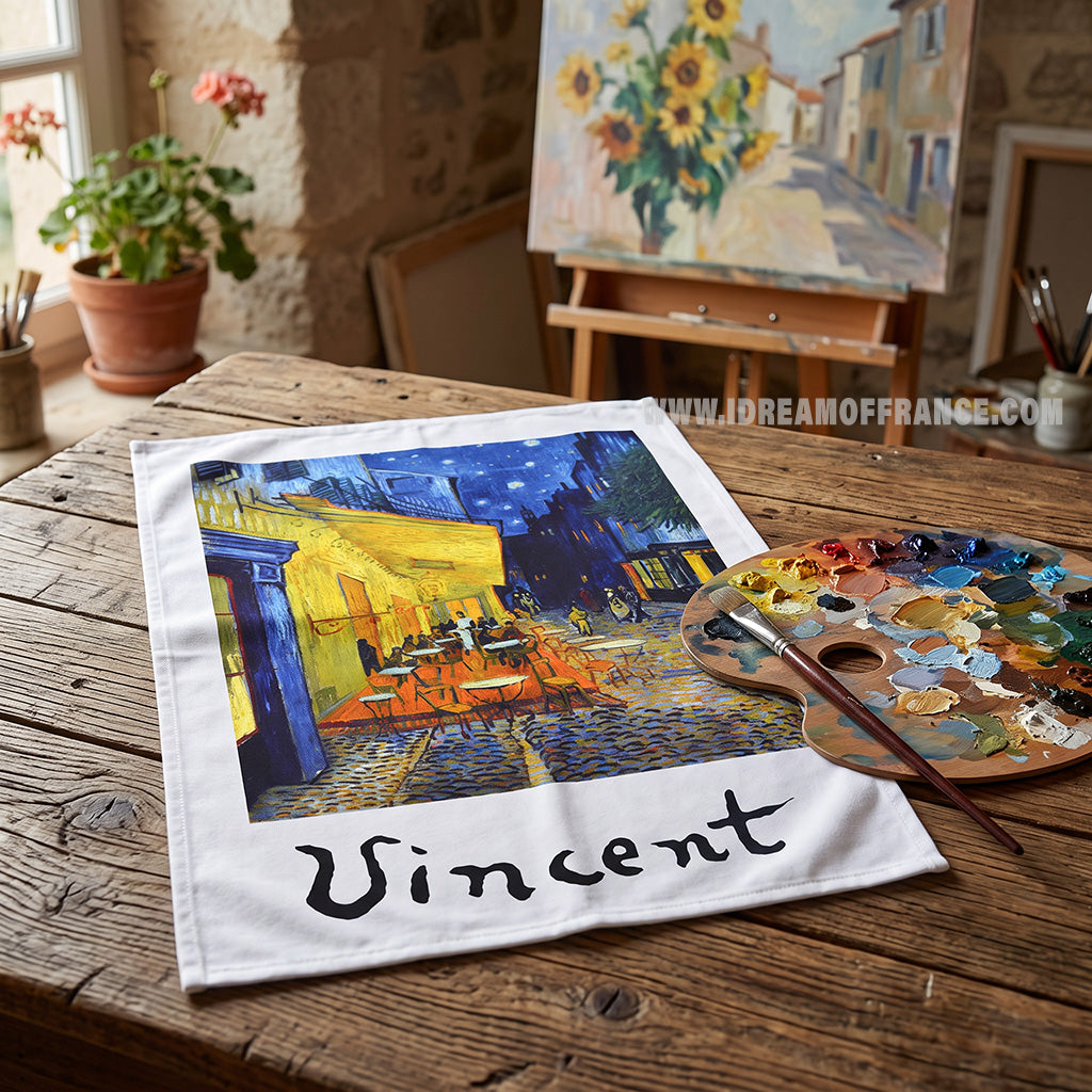 Cafe Terrace at Night by Vincent Van Gogh French Cotton Kitchen Towel by L.R. Creations