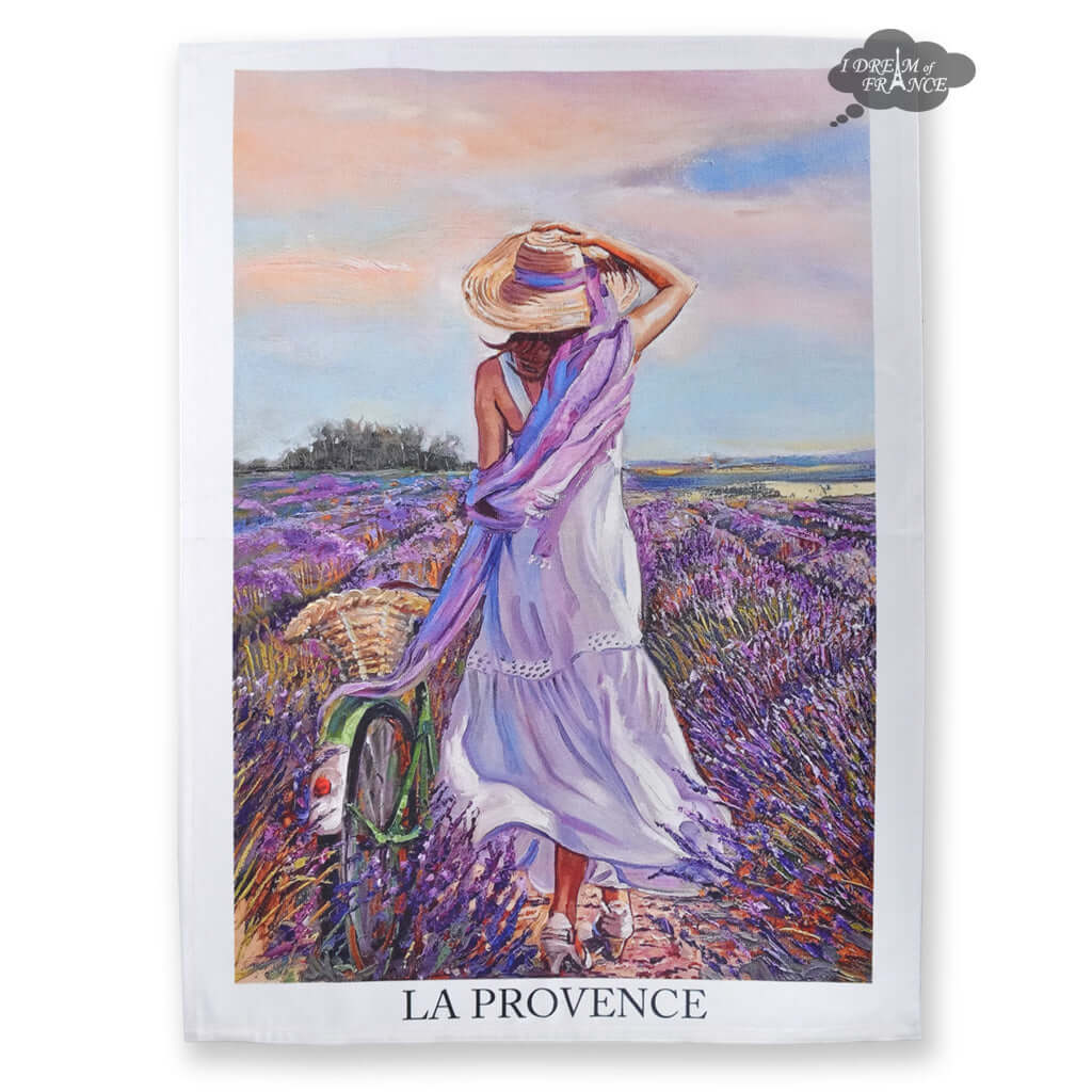 Woman in Provence Lavender Field French Cotton Kitchen Towel - I