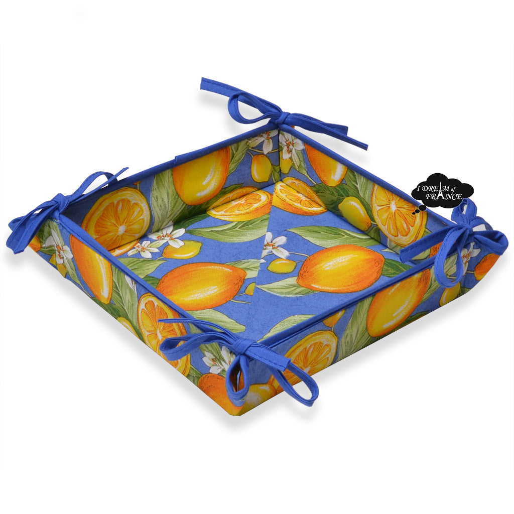 Lemons Blue Cotton Coated Bread Basket by Tissus Toselli