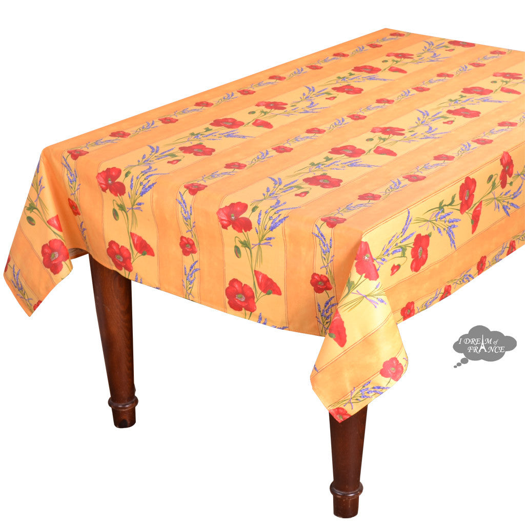 60x78" Rectangular Poppies Yellow Acrylic Coated Cotton Tablecloth by Tissus Toselli