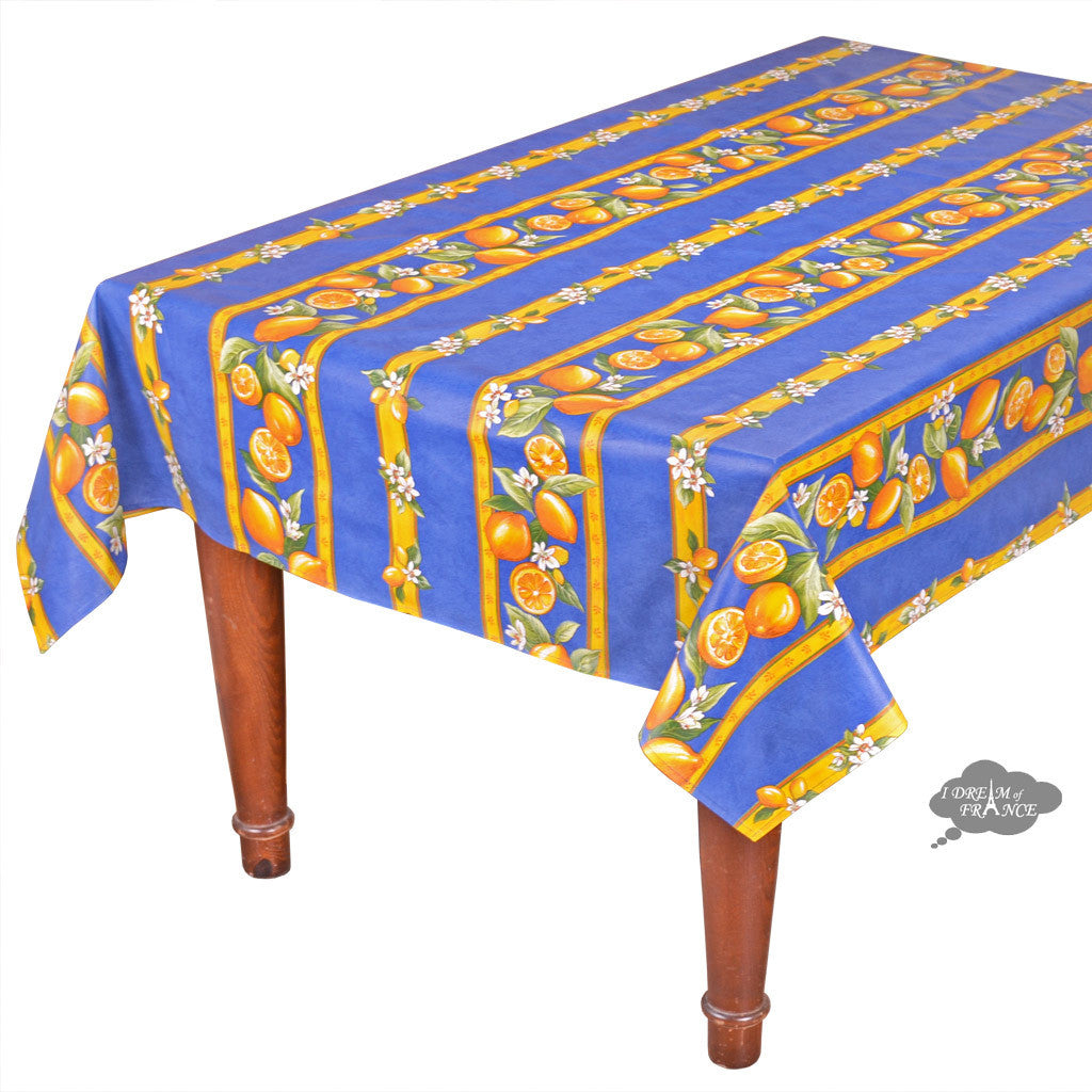 60x138" Rectangular Lemons Blue Acrylic-Coated Cotton Tablecloth by Tissus Toselli