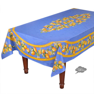60x 96" Rectangular Lemons Blue Coated Cotton Tablecloth by Tissus Toselli