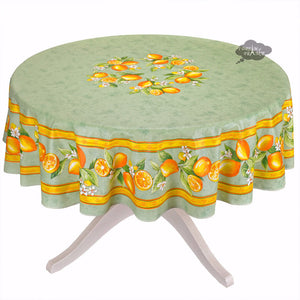 70" Round Lemons Green Coated Cotton Tablecloth by Tissus Toselli