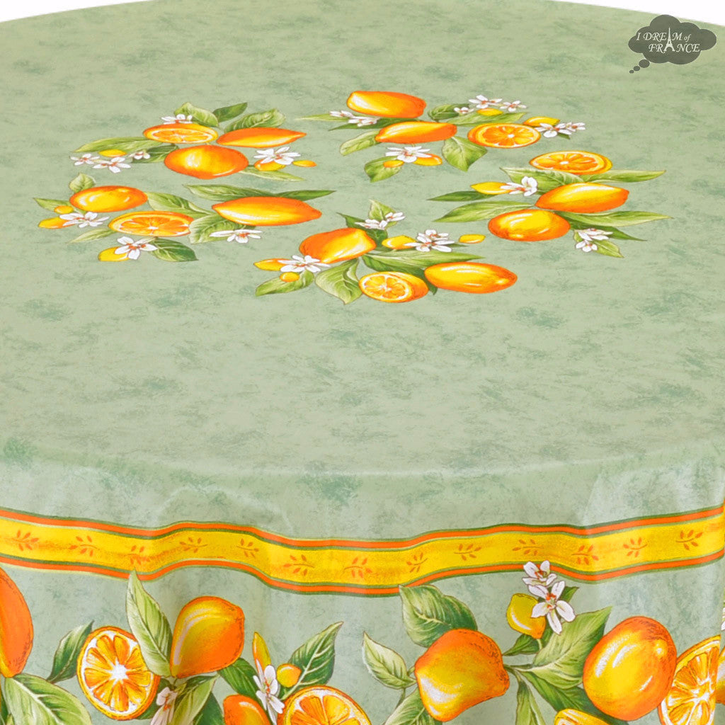 70" Round Lemons Green Coated Cotton Tablecloth by Tissus Toselli