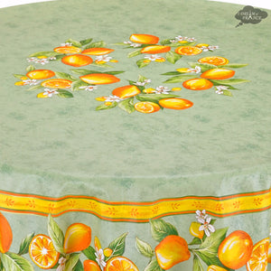 70" Round Lemons Green Coated Cotton Tablecloth Close Up
