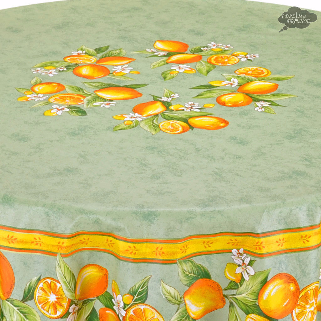 90" Round Lemons Green Coated Cotton Tablecloth Close Up