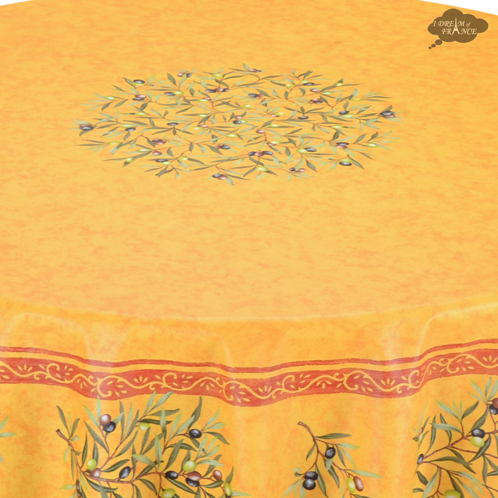 70" Round Clos des Oliviers Yellow Coated Cotton Tablecloth by Tissus Toselli