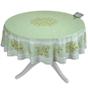 70" Round Clos des Oliviers Green Coated Cotton Tablecloth by Tissus Toselli