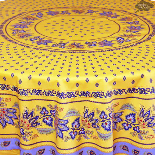 70" Round Lisa Yellow Cotton Coated French Country Tablecloth Close Up