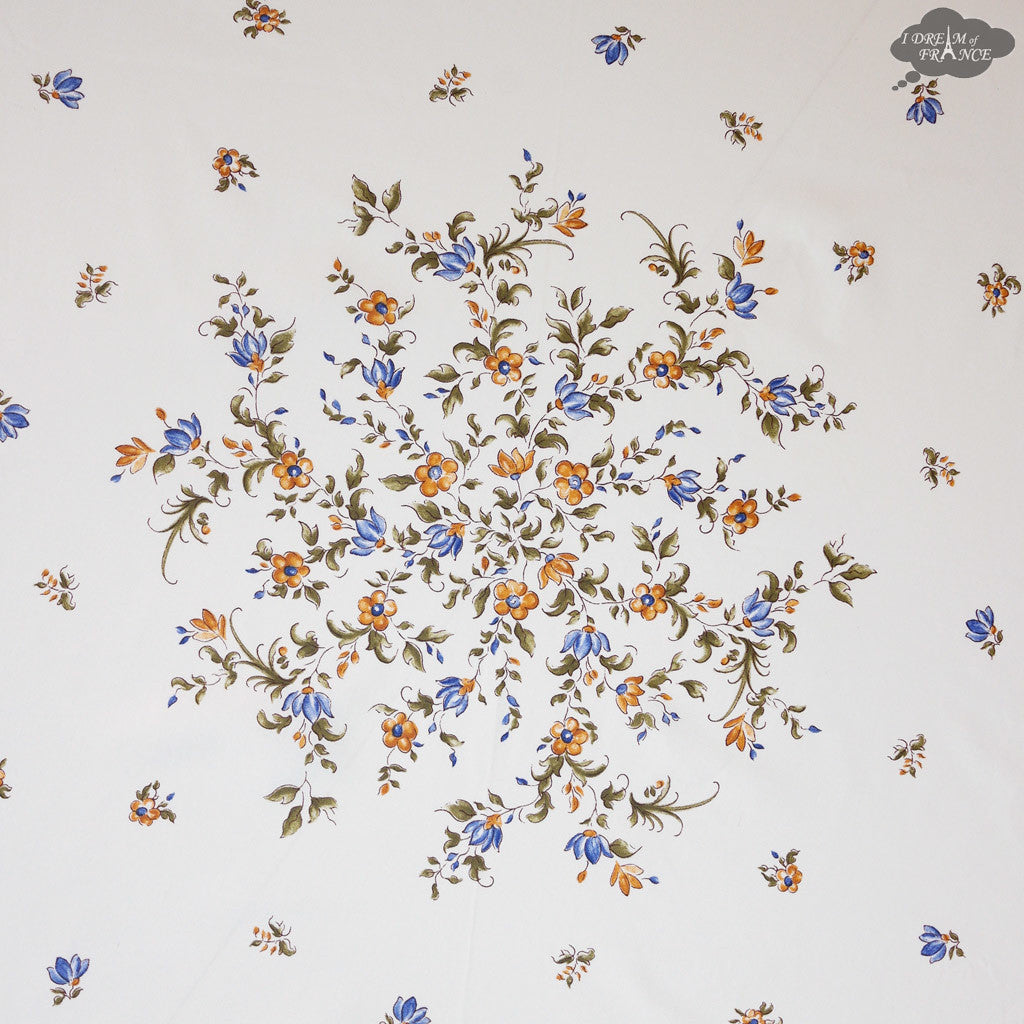 70" Round Moustiers Blue & Cream Coated Cotton Tablecloth by Tissus Toselli