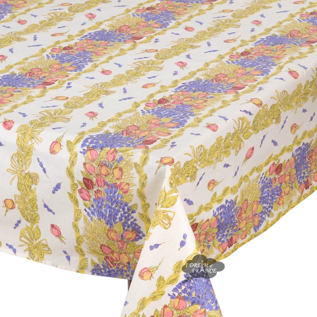 60x78" Rectangular Roses & Lavender Acrylic-Coated Cotton Tablecloth by Tissus Toselli