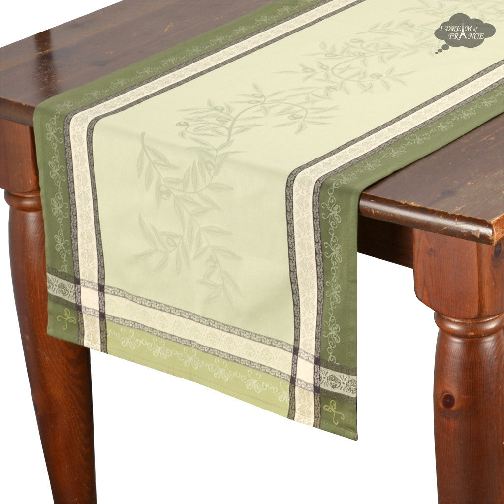 20x62" Olive Green Jacquard Cotton Table Runner with Stain Protection