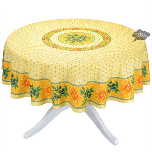 68" Round Sunflower Yellow Cotton Coated Provence Tablecloth by Le Cluny