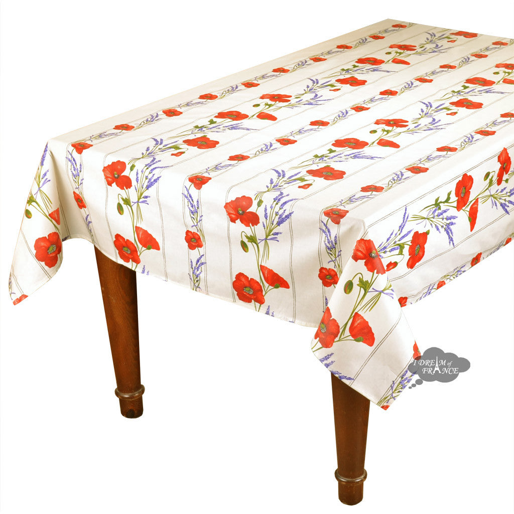 60x120" Rectangular Poppies Cream Acrylic Coated Cotton Tablecloth by Tissus Toselli