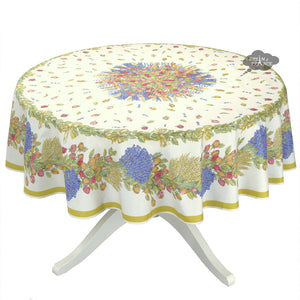 70" Round Roses & lavender Coated Cotton Tablecloth by Tissus Toselli