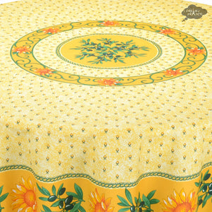 68" Round Sunflower Yellow Cotton Coated Provence Tablecloth - Close Up