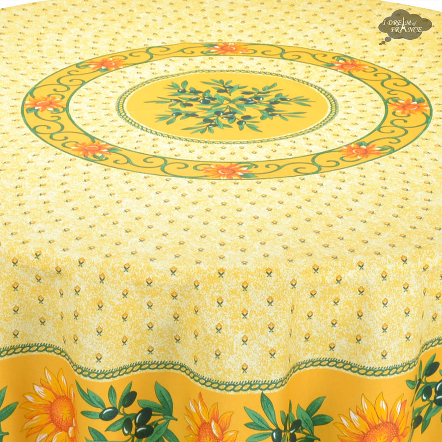 68" Round Sunflower Yellow Cotton Coated Provence Tablecloth by Le Cluny