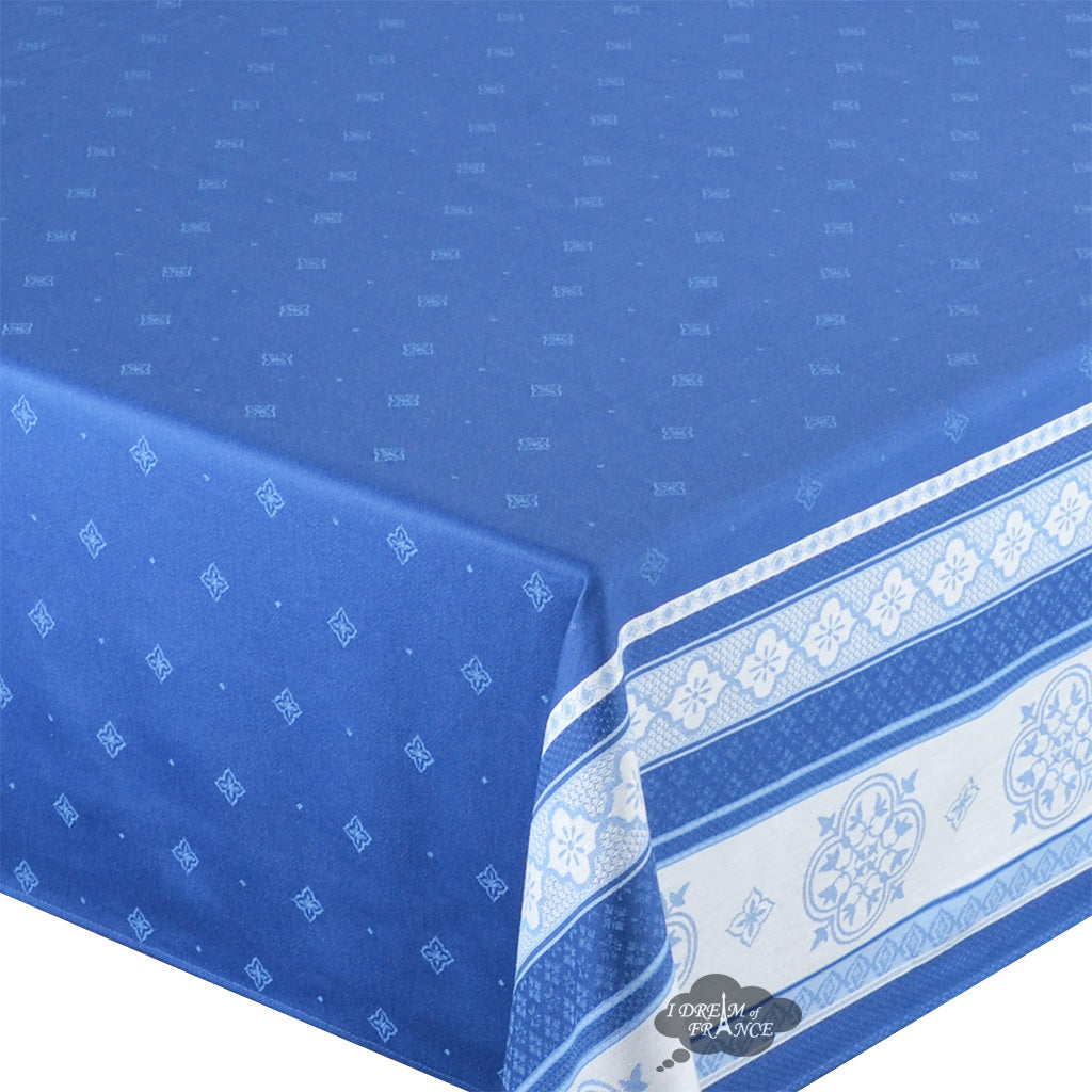 62x120" Rectangular Callas Blue Double Border French Jacquard Cotton Tablecloth by L'Ensoleillade