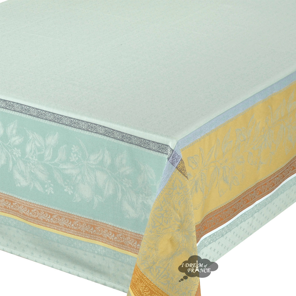 62x98" Rectangular Cedrat Green & Yellow French Cotton Jacquard Tablecloth by Tissus Toselli